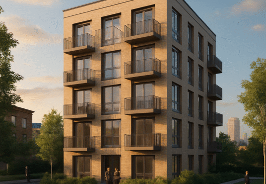 Property for sale A modern five-story mixed-use freehold development with large windows and small balconies, surrounded by greenery and people walking nearby, bathed in warm evening sunlight. Presented by Palace Auctions