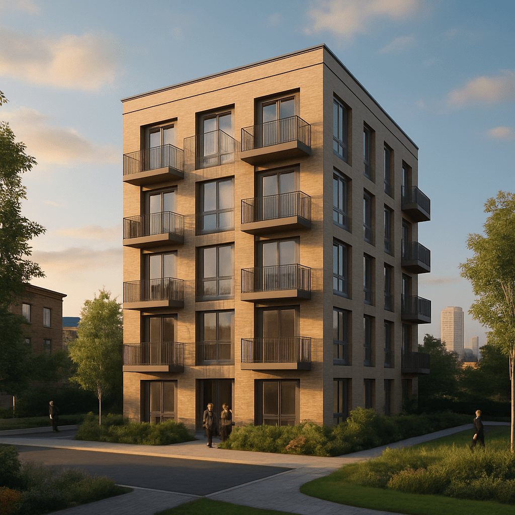 Property for sale A modern five-story mixed-use freehold development with large windows and small balconies, surrounded by greenery and people walking nearby, bathed in warm evening sunlight. Presented by Palace Auctions