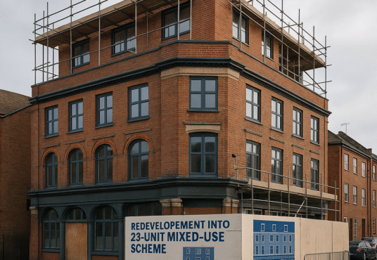 Property for sale A three-story brick building under renovation with scaffolding on the roof. A large sign in front reads "23-unit development Croydon: Redevelopment into mixed-use scheme—Commercial Space | Apartments. Presented by Palace Auctions
