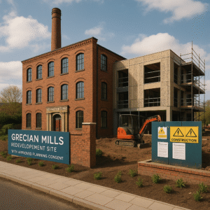 Property for sale A construction site on Worsley Road shows the old brick mill and a modern structure rising. A small excavator is parked on dirt, with signs for "GRECIAN MILLS REDEVELOPMENT SITE" and details of its C3/E3 planning consent. Presented by Palace Auctions