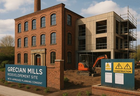 Property for sale A construction site on Worsley Road shows the old brick mill and a modern structure rising. A small excavator is parked on dirt, with signs for "GRECIAN MILLS REDEVELOPMENT SITE" and details of its C3/E3 planning consent. Presented by Palace Auctions