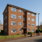 Property for sale 222–228 Plymouth Grove sits in Longsight (M13): a four-story red brick apartment building with white-framed windows, set on a neatly kept lawn, with a pathway leading to the entrance and a streetlamp under a clear blue sky. Presented by Palace Auctions
