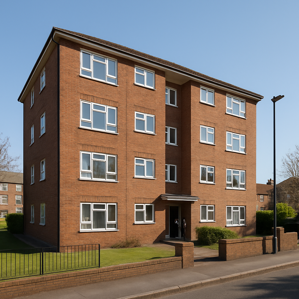 Property for sale 222–228 Plymouth Grove sits in Longsight (M13): a four-story red brick apartment building with white-framed windows, set on a neatly kept lawn, with a pathway leading to the entrance and a streetlamp under a clear blue sky. Presented by Palace Auctions