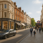 Property for sale A sunny city street at 349 & 351 Kensington High Street, London W8 6NW, features historic buildings, outdoor café seating, parked cars, and people walking. A London Underground entrance with a red sign is visible on the right. Trees line the background. Presented by Palace Auctions