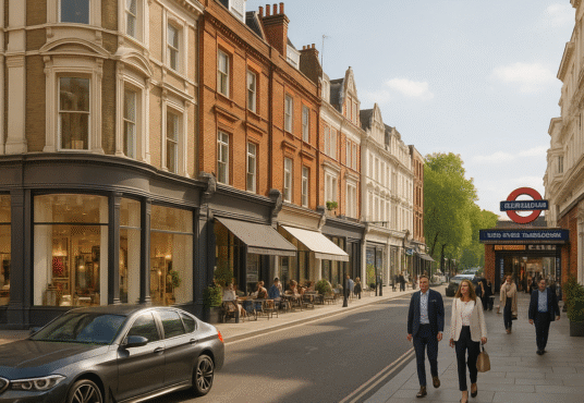Property for sale A sunny city street at 349 & 351 Kensington High Street, London W8 6NW, features historic buildings, outdoor café seating, parked cars, and people walking. A London Underground entrance with a red sign is visible on the right. Trees line the background. Presented by Palace Auctions