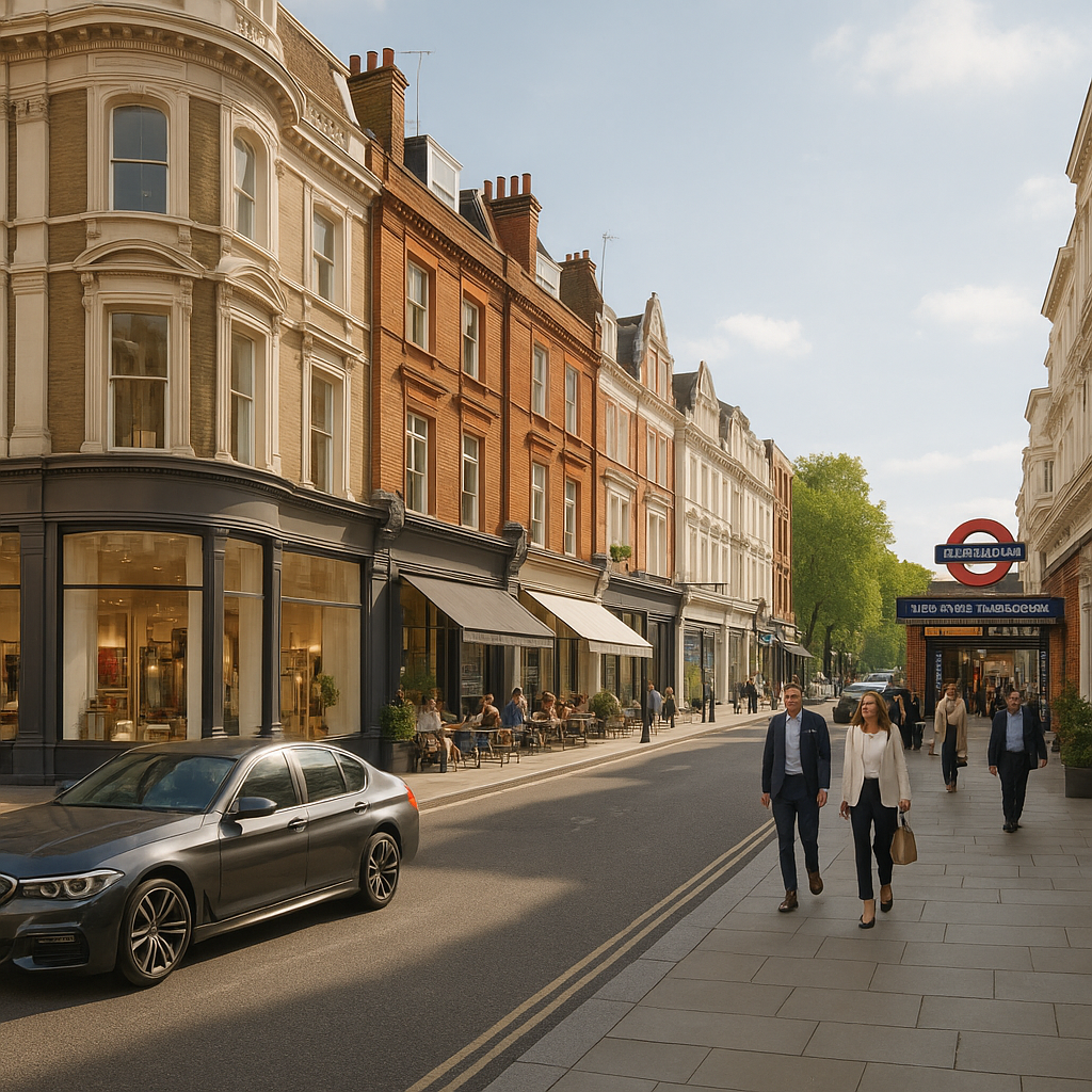 Property for sale A sunny city street at 349 & 351 Kensington High Street, London W8 6NW, features historic buildings, outdoor café seating, parked cars, and people walking. A London Underground entrance with a red sign is visible on the right. Trees line the background. Presented by Palace Auctions