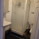 Property for sale A small bathroom in this Abbey Lane Investment Property features a black tiled floor, white sink, mirror, and a glass shower enclosure with frosted patterns. A toilet sits next to the shower, and the door is slightly open. Presented by Palace Auctions
