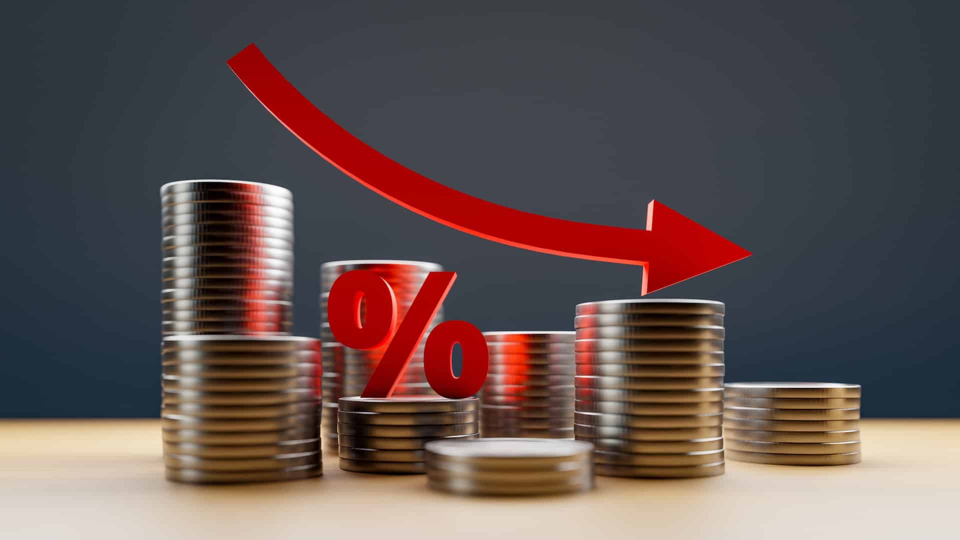 Property for sale Stacks of coins with a red downward arrow and a percentage symbol in the center, representing Interest Rate Cuts or relaxed mortgage rules leading to a decline in financial value. Presented by Palace Auctions