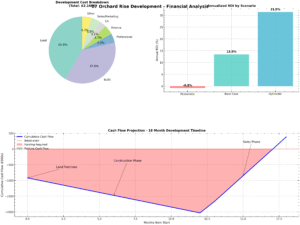 Property for sale A financial analysis graphic for Orchard Rise Croydon development land, featuring a pie chart of development costs, a bar chart showing annualized ROI for scenarios, and a line graph of cash flow projection over 18 months across key phases. Presented by Palace Auctions