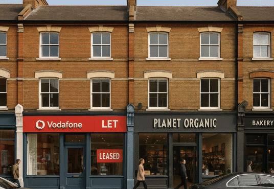 Property for sale A street view of Richmond TW9 commercial units shows brick buildings with shops like Vodafone, a "LET" unit, and Planet Organic. People walk the sidewalk, cars are parked, capturing the essence of a prime Richmond retail investment opportunity. Presented by Palace Auctions