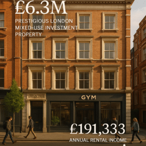 Property for sale A four-story brick building in London with a gym on the ground floor. Large white text overlay reads: "£6.3M Prime London Property Investment, fully let with £191,333 annual rental income." Four people walk past outside. Presented by Palace Auctions