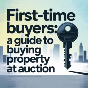 Property for sale Text reads: "First-time buyers: a guide to buying property at auction" beside a large key, with a city skyline in the background—perfect for those new to buying property through a property auction. Presented by Palace Auctions