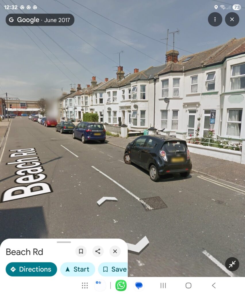 Property for sale A residential street view of Beach Road in Clacton with parked cars, white terraced houses, and clear skies, as seen in a Google Maps interface from June 2017—an ideal spot for emergency accommodation investment. Presented by Palace Auctions