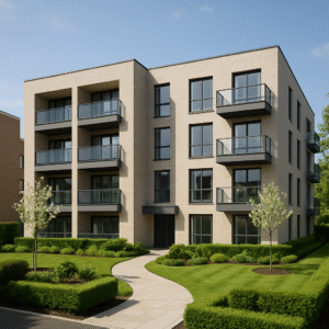 Property for sale A modern four-story apartment building with balconies, large windows, and light-colored brick exterior—ideal for a 16-unit block investment—surrounded by landscaped green lawns, bushes, and young trees under a clear sky. Presented by Palace Auctions