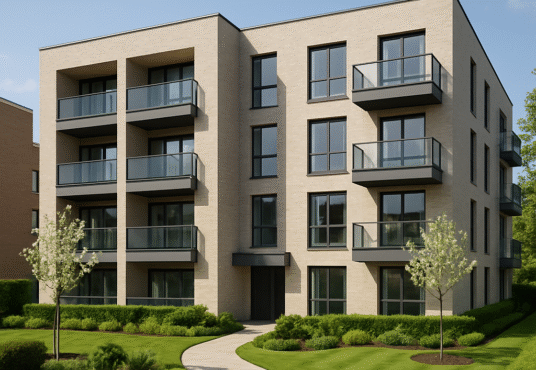 Property for sale A modern four-story apartment building with balconies, large windows, and light-colored brick exterior—ideal for a 16-unit block investment—surrounded by landscaped green lawns, bushes, and young trees under a clear sky. Presented by Palace Auctions