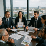 Property for sale A group of business professionals sits around a conference table in Slough & Reading, discussing property auction documents, vacant residential blocks, and sale proposals, with two people holding papers labeled "Palace Auctions" and "Vacant Block Auction Proposal. Presented by Palace Auctions