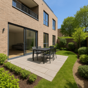 Property for sale A modern backyard patio at this E3 Bow property auction features a black outdoor dining set on stone tiles, beside a brick house with large sliding glass doors, lush grass, and landscaped plants—perfect for this stylish 2-bed flat. Presented by Palace Auctions
