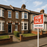 Property for sale A row of brick terraced houses with a "For Sale - Cash Sale" sign in the front yard, ideal for an Ilford cash sale investment, under a partly cloudy sky. Presented by Palace Auctions