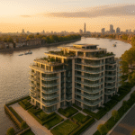 Property for sale A modern riverside apartment building with glass balconies overlooks the Thames in London at sunset, with the Shard and city skyline beyond. This prime London property features lush gardens and pathways, epitomizing luxury living on the Chelsea Thames. Presented by Palace Auctions