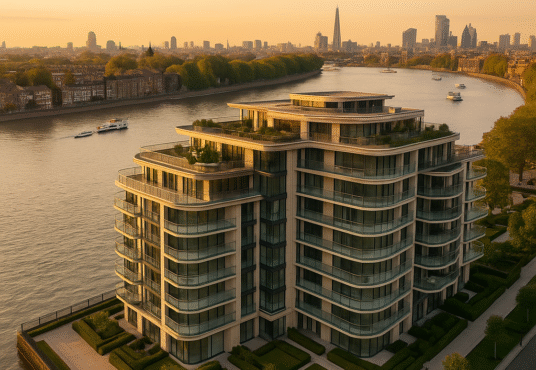 Property for sale A modern riverside apartment building with glass balconies overlooks the Thames in London at sunset, with the Shard and city skyline beyond. This prime London property features lush gardens and pathways, epitomizing luxury living on the Chelsea Thames. Presented by Palace Auctions