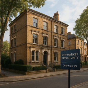 Property for sale A large, three-story Victorian-style brick house stands on a quiet street. A sign reads "Off-Market Opportunity, Chiswick W4 Block." Surrounded by trees, it also offers an exciting garage conversion project potential. Presented by Palace Auctions