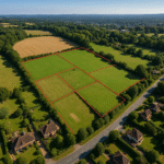 Property for sale Aerial view of green fields divided into sections with red lines, surrounded by trees, houses, a road, and distant countryside under a clear blue sky—ideal for Church Lane Land Investment or securing Prime Surrey Land. Presented by Palace Auctions