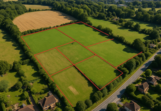 Property for sale Aerial view of green fields divided into sections with red lines, surrounded by trees, houses, a road, and distant countryside under a clear blue sky—ideal for Church Lane Land Investment or securing Prime Surrey Land. Presented by Palace Auctions