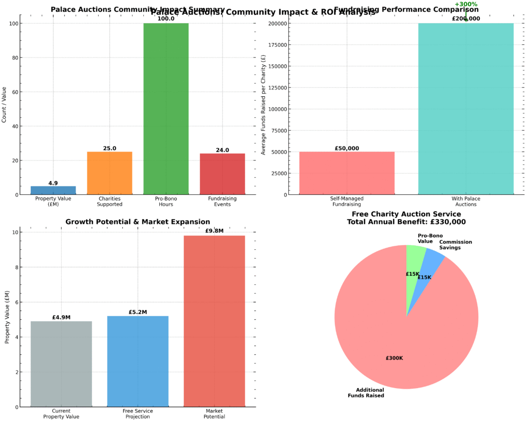 A data summary with three bar charts and a pie chart showing the community impact, fundraising, market expansion, and annual benefit of Palace Auctions, emphasizing increased value, funds raised, and community support. Presented by Palace Auctions