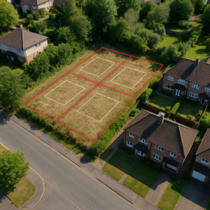 Property for sale Aerial view of Orchard Rise Croydon development land—a grassy lot divided into four rectangular plots with red and white lines, nestled between residential houses and a street, surrounded by trees and gardens. Presented by Palace Auctions