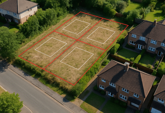 Property for sale Aerial view of Orchard Rise Croydon development land—a grassy lot divided into four rectangular plots with red and white lines, nestled between residential houses and a street, surrounded by trees and gardens. Presented by Palace Auctions