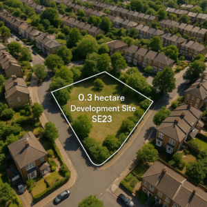 Property for sale Aerial view of a residential neighborhood showcasing a vacant triangular plot labeled "0.3 hectare Development Site SE23," surrounded by houses and green trees—prime Forest Hill development land SE23. Presented by Palace Auctions