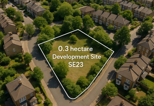 Property for sale Aerial view of a residential neighborhood showcasing a vacant triangular plot labeled "0.3 hectare Development Site SE23," surrounded by houses and green trees—prime Forest Hill development land SE23. Presented by Palace Auctions