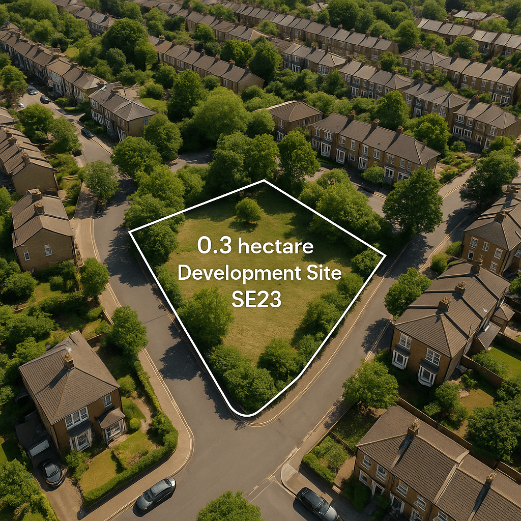 Property for sale Aerial view of a residential neighborhood showcasing a vacant triangular plot labeled "0.3 hectare Development Site SE23," surrounded by houses and green trees—prime Forest Hill development land SE23. Presented by Palace Auctions