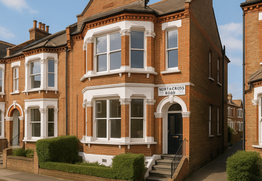 Property for sale A two-story brick house with white trim and bay windows stands on a quiet, residential street. Perfect for an SE22 Victorian flat investment, a sign reading "Nortacross Road" is mounted by the door, with neat hedges lining the walkway and facade. Presented by Palace Auctions