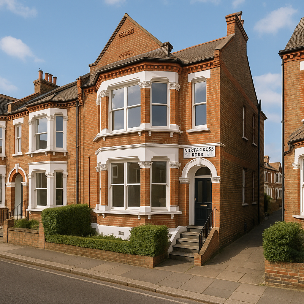 Property for sale A two-story brick house with white trim and bay windows stands on a quiet, residential street. Perfect for an SE22 Victorian flat investment, a sign reading "Nortacross Road" is mounted by the door, with neat hedges lining the walkway and facade. Presented by Palace Auctions