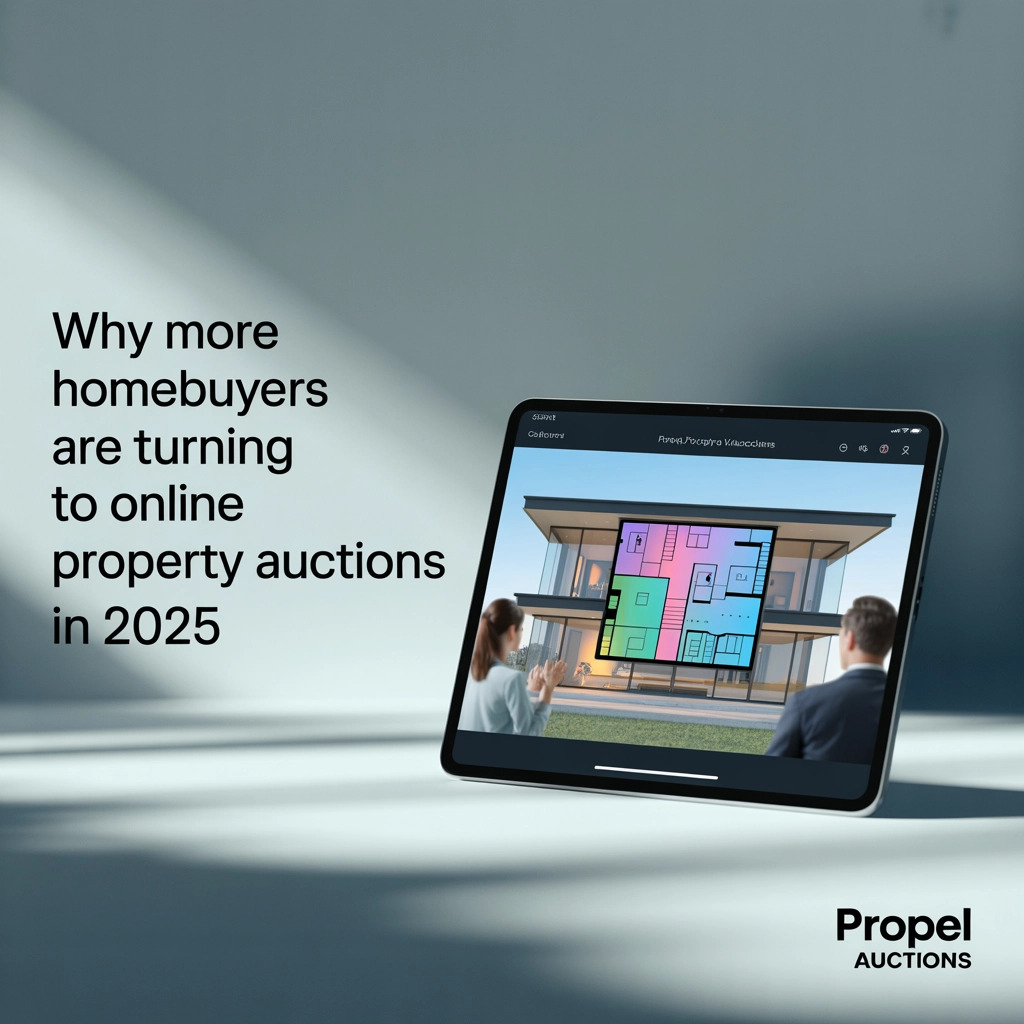 Property for sale A tablet displays a virtual house floor plan, held by a person with another person nearby. Text beside the tablet reads, 