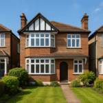 Property for sale A two-story brick house with a gabled roof, white-framed windows, and a wooden front door, surrounded by a neatly trimmed lawn—ideal for a buy-to-let IG1 or quick sale Ilford opportunity on a sunny day. Presented by Palace Auctions