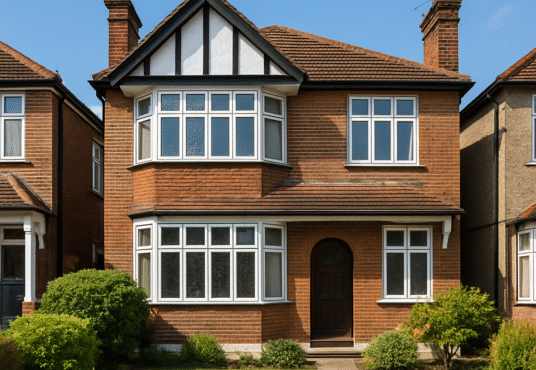 Property for sale A two-story brick house with a gabled roof, white-framed windows, and a wooden front door, surrounded by a neatly trimmed lawn—ideal for a buy-to-let IG1 or quick sale Ilford opportunity on a sunny day. Presented by Palace Auctions