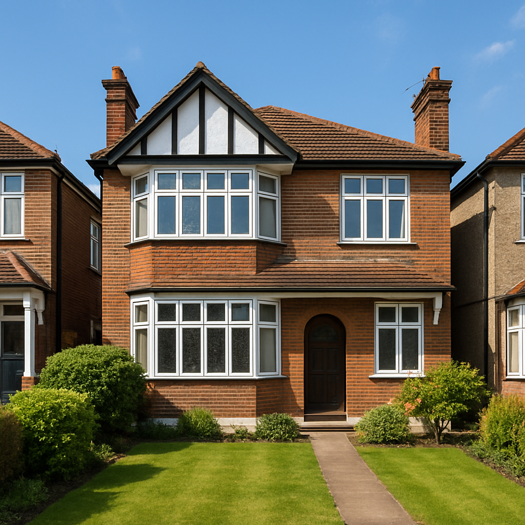 Property for sale A two-story brick house with a gabled roof, white-framed windows, and a wooden front door, surrounded by a neatly trimmed lawn—ideal for a buy-to-let IG1 or quick sale Ilford opportunity on a sunny day. Presented by Palace Auctions