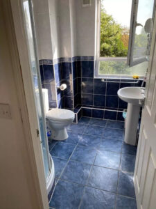 Property for sale Small bathroom with blue and white tiles, a shower with curved glass door, toilet, white sink, and an open window letting in sunlight—perfect for Nottingham one-bedroom flat investment at New Alexandra Court. Green trees are visible outside. Presented by Palace Auctions