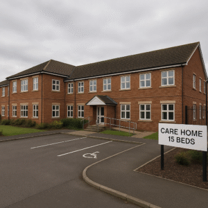 Property for sale A modern two-story brick building with multiple windows, the Luton care home site offers 15 beds. Features include a wheelchair-accessible ramp and a parking lot with a marked accessible parking space at the front. Presented by Palace Auctions