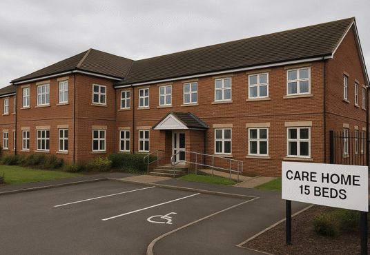 Property for sale A modern two-story brick building with multiple windows, the Luton care home site offers 15 beds. Features include a wheelchair-accessible ramp and a parking lot with a marked accessible parking space at the front. Presented by Palace Auctions