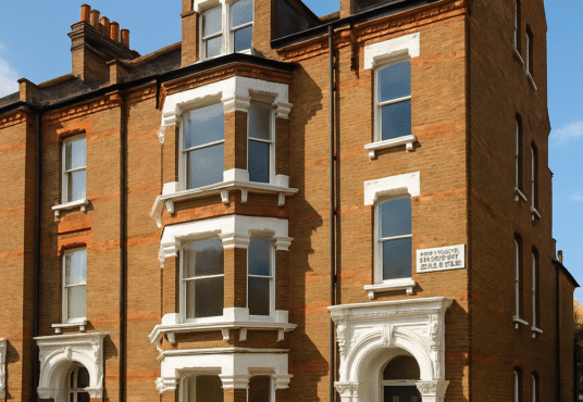 Property for sale A tall Victorian-style brick townhouse with large bay windows, white trim, ornate doorway, and a small front garden set against a blue sky—a classic London property investment opportunity. Presented by Palace Auctions