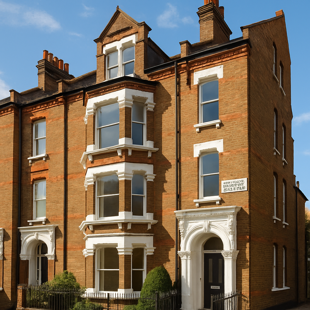 Property for sale A tall Victorian-style brick townhouse with large bay windows, white trim, ornate doorway, and a small front garden set against a blue sky—a classic London property investment opportunity. Presented by Palace Auctions