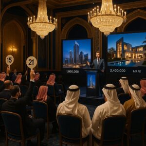 Property for sale An auctioneer stands at a podium in an elegant hall for Palace Auctions International, auctioning luxury properties shown on screens. Audience members, some in traditional Middle Eastern attire, raise paddles as chandeliers illuminate the scene. Presented by Palace Auctions