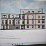 Property for sale screen displays an architectural drawing of a modern, three-story apartment building with multiple windows and a flat roof. Text below mentions planning for 9 flats and freehold sold with vacant possession. Presented by Palace Auctions