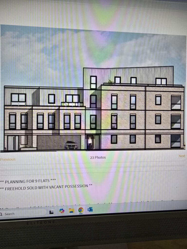 Property for sale screen displays an architectural drawing of a modern, three-story apartment building with multiple windows and a flat roof. Text below mentions planning for 9 flats and freehold sold with vacant possession. Presented by Palace Auctions