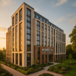 Property for sale A modern, multi-story building with large windows and a sign reading “ARBORETUM NOTTINGHAM,” this student block investment is surrounded by landscaped greenery under a clear sky at sunset. Presented by Palace Auctions