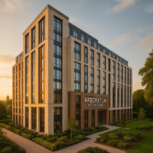Property for sale A modern, multi-story building with large windows and a sign reading “ARBORETUM NOTTINGHAM,” this student block investment is surrounded by landscaped greenery under a clear sky at sunset. Presented by Palace Auctions