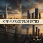 Property for sale A collage of modern city buildings and a bridge at sunset, with the text "OFF-MARKET PROPERTIES"—highlighting exclusive off-market properties London—and a "Palace Auctions" logo at the bottom right. Presented by Palace Auctions